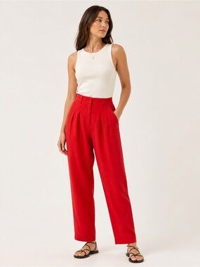 High-Waist Pleated Red Trousers Linen Blend Pleated Pants – Size 2